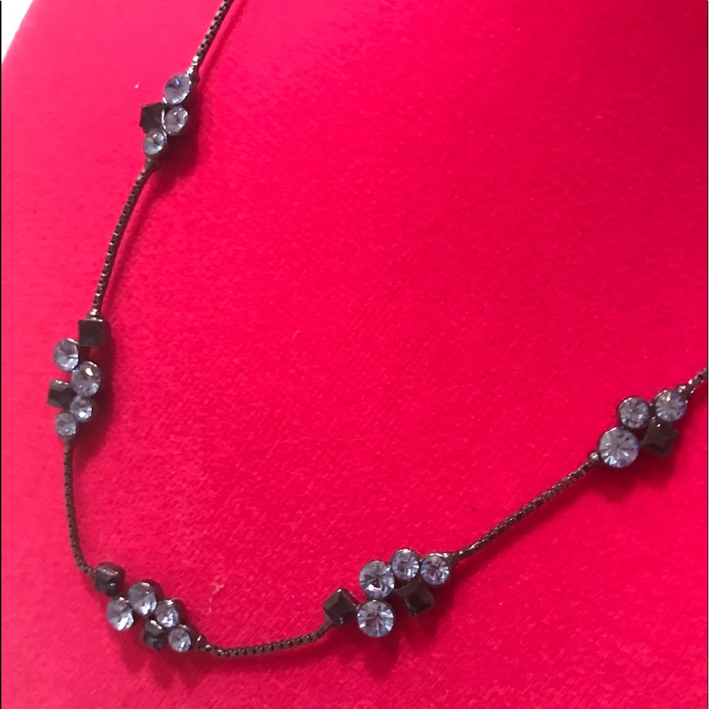 Vintage Style Light Blue and Dark Blue Rhinestone Necklace in Dark Gray Setting